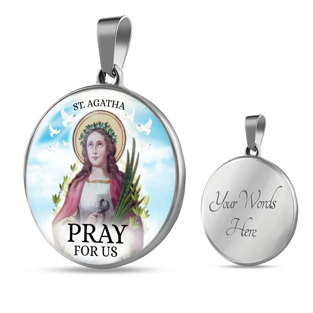 Catholic Saint Agatha Circle Pendant Necklace Stainless Steel 24 Inch Chain Sil